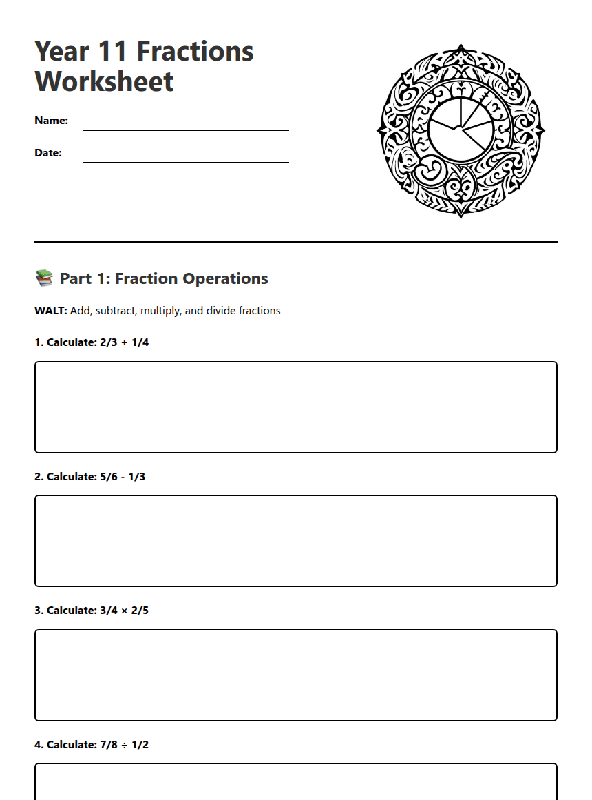 Year 11 Fractions Worksheet worksheet preview