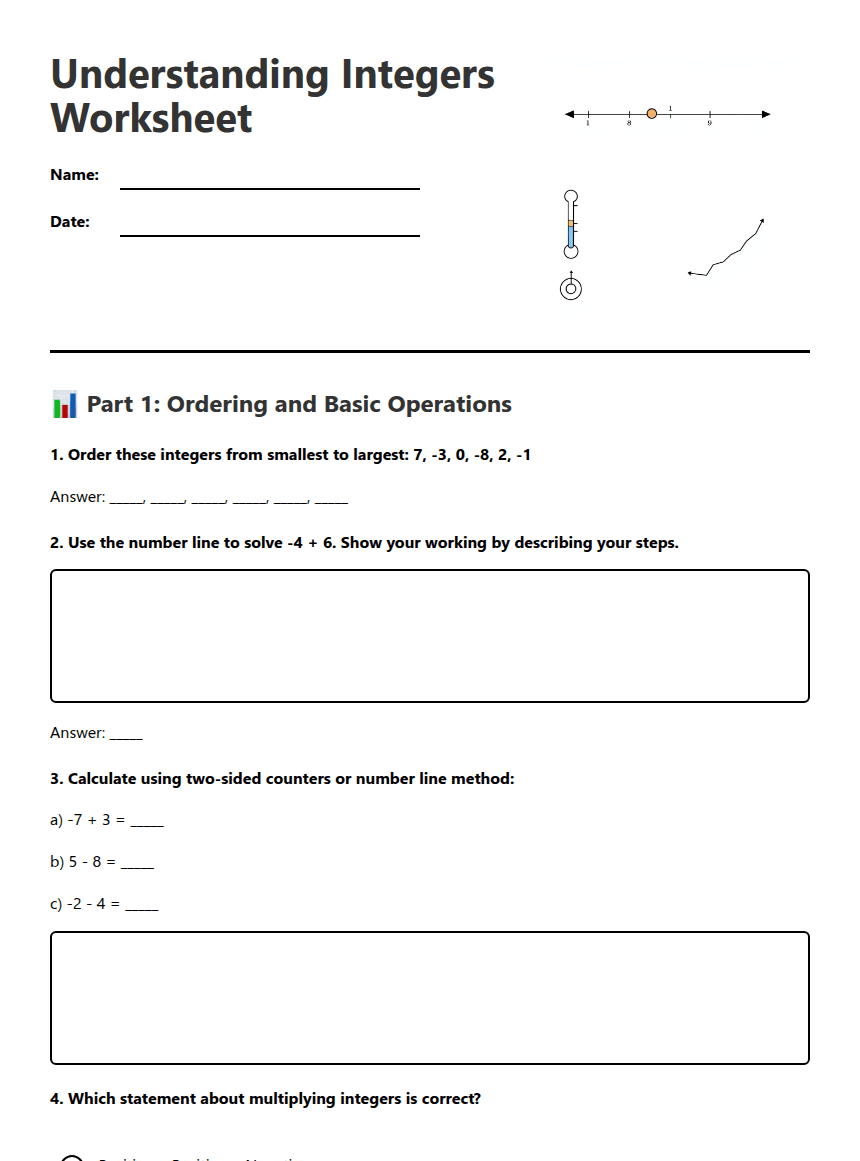 Understanding Integers Worksheet worksheet preview