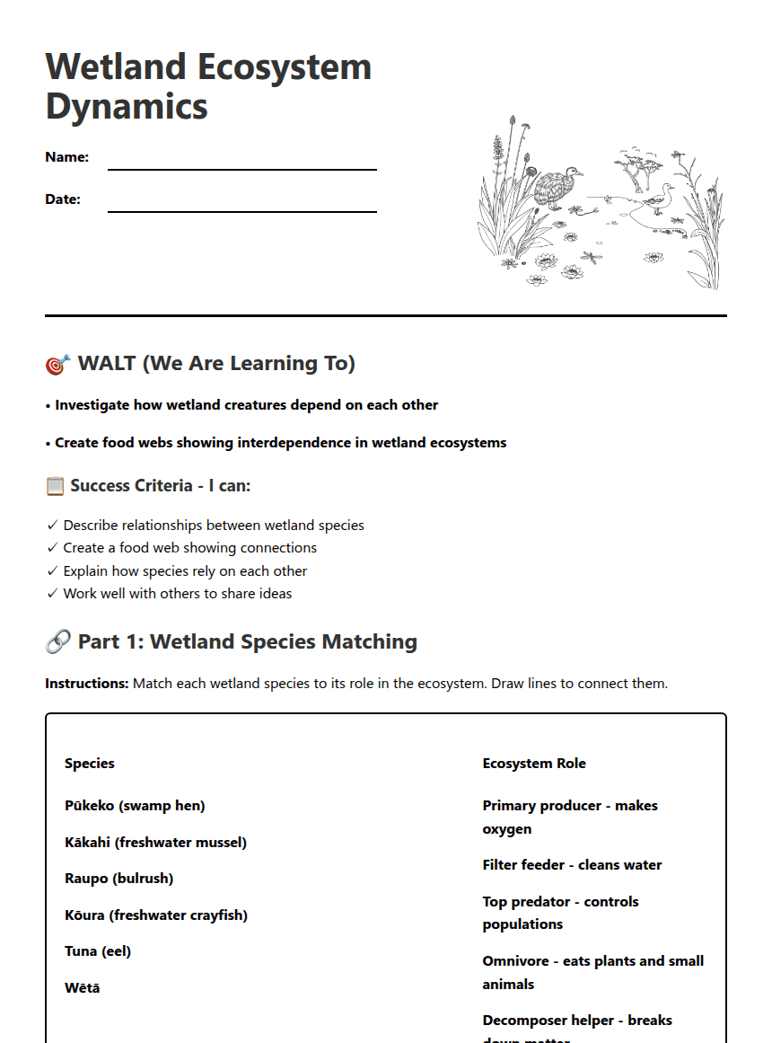 Wetland Ecosystem Dynamics worksheet preview