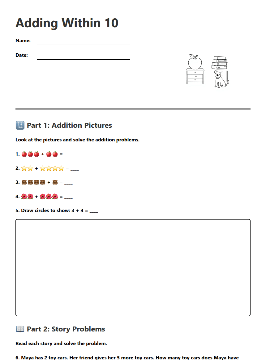Adding Within 10 worksheet preview