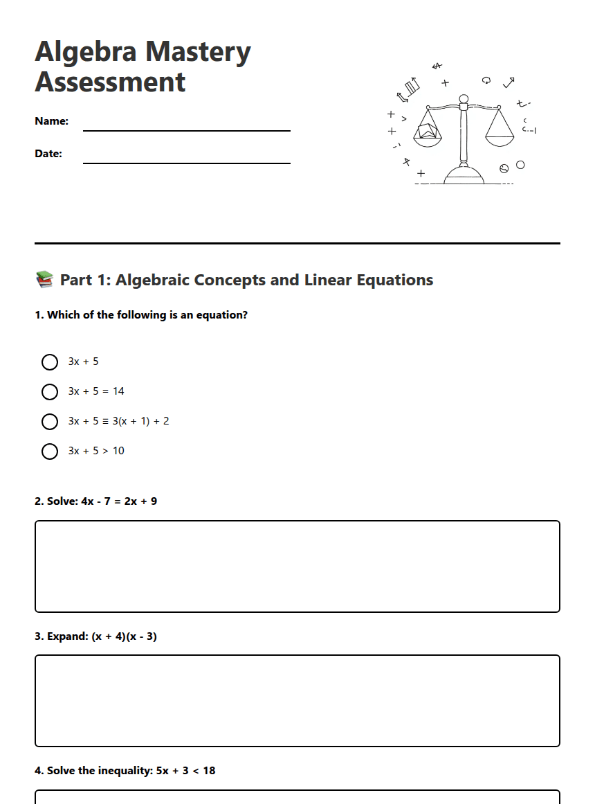 Algebra Mastery Assessment worksheet preview