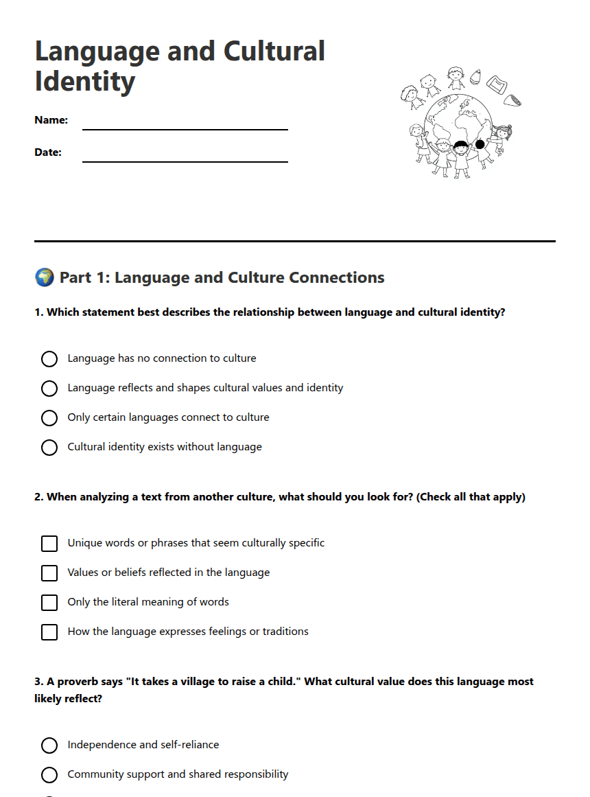 Language and Cultural Identity worksheet preview