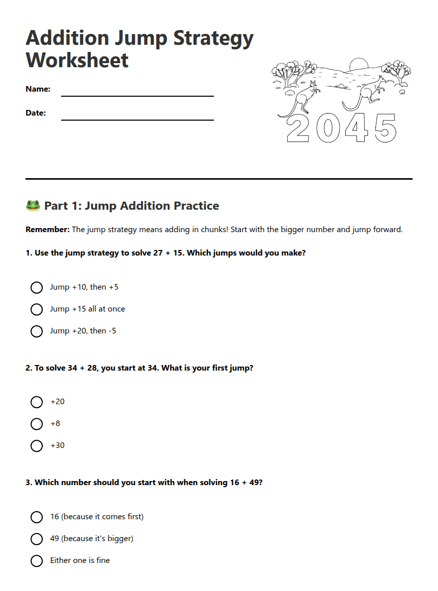 Addition Jump Strategy Worksheet worksheet preview