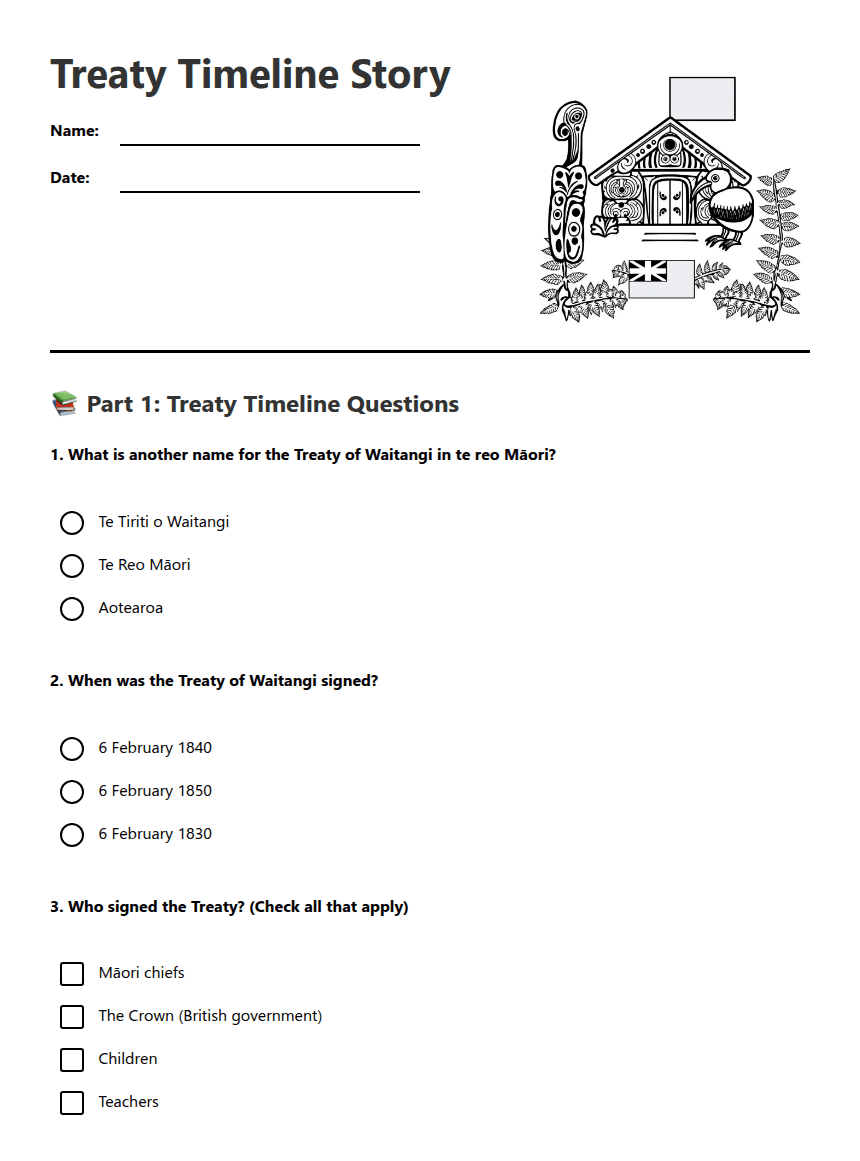 Treaty Timeline Story worksheet preview