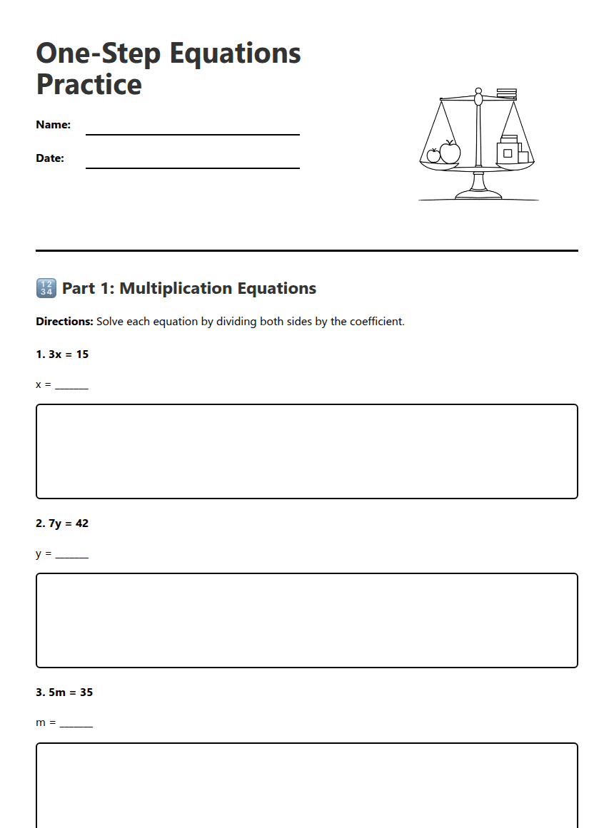 One-Step Equations Practice worksheet preview