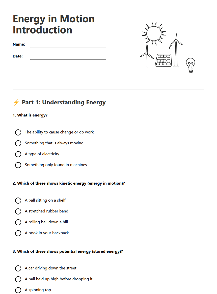 Energy in Motion Introduction worksheet preview