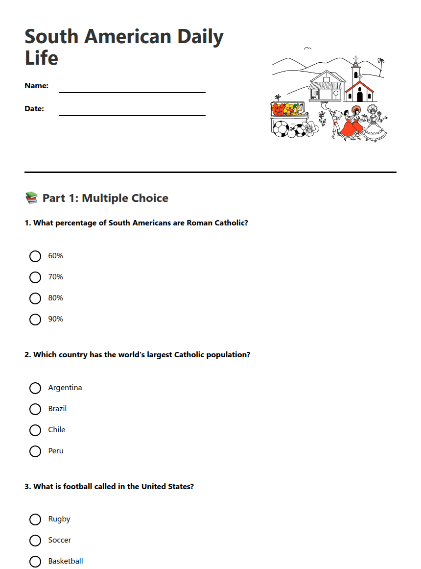 South American Daily Life worksheet preview
