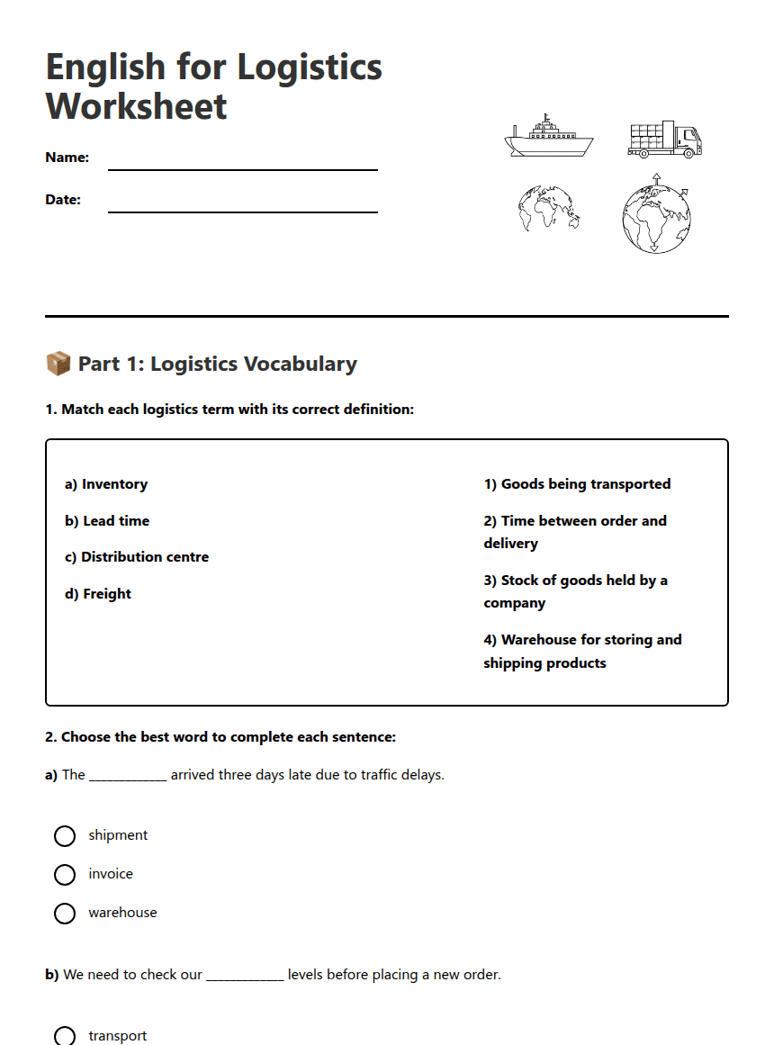 English for Logistics Worksheet worksheet preview