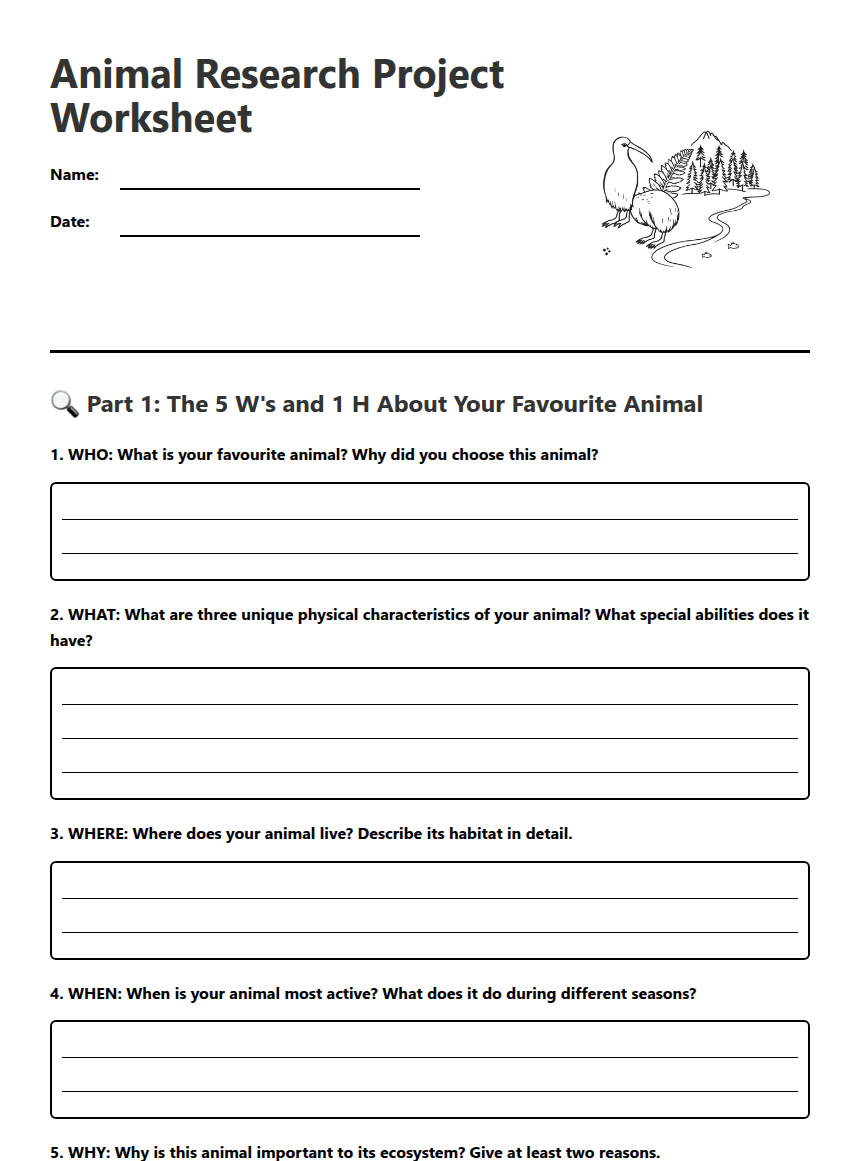 Animal Research Project Worksheet worksheet preview