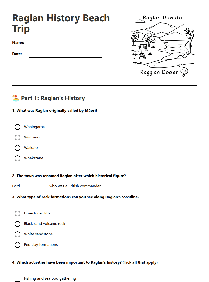 Raglan History Beach Trip worksheet preview