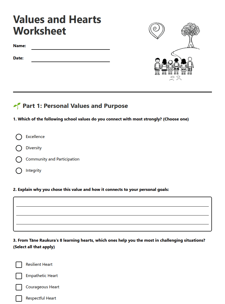 Values and Hearts Worksheet worksheet preview