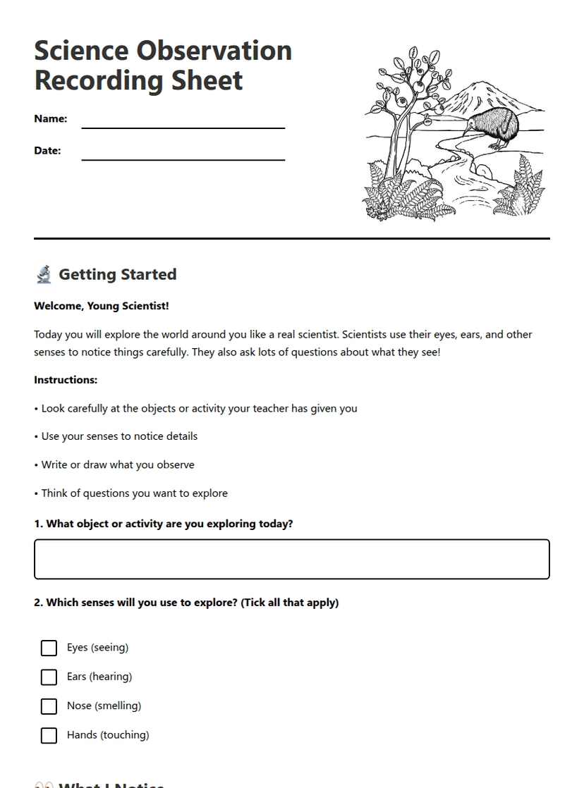 Science Observation Recording Sheet