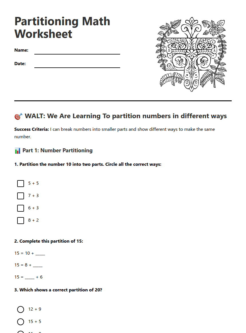 Partitioning Math Worksheet worksheet preview