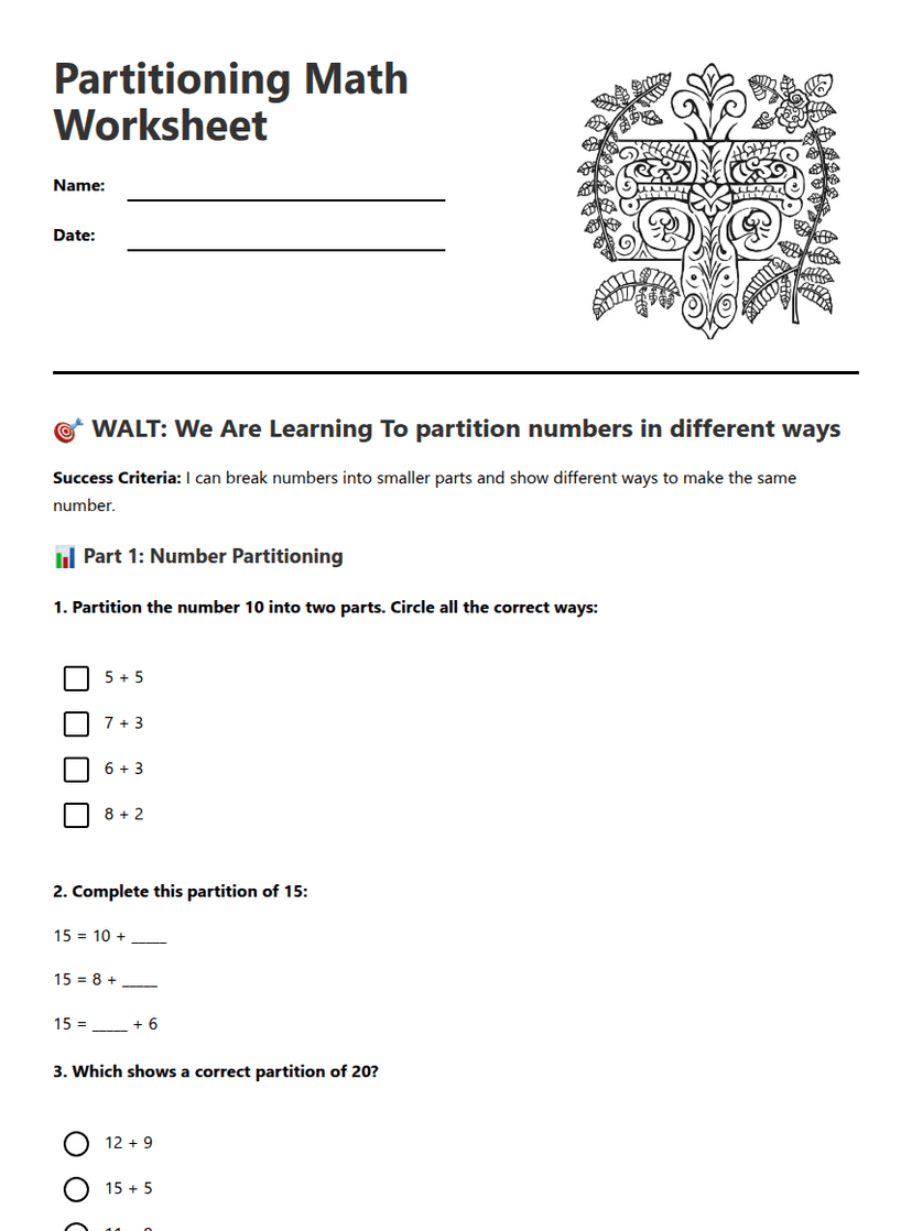 Partitioning Math Worksheet