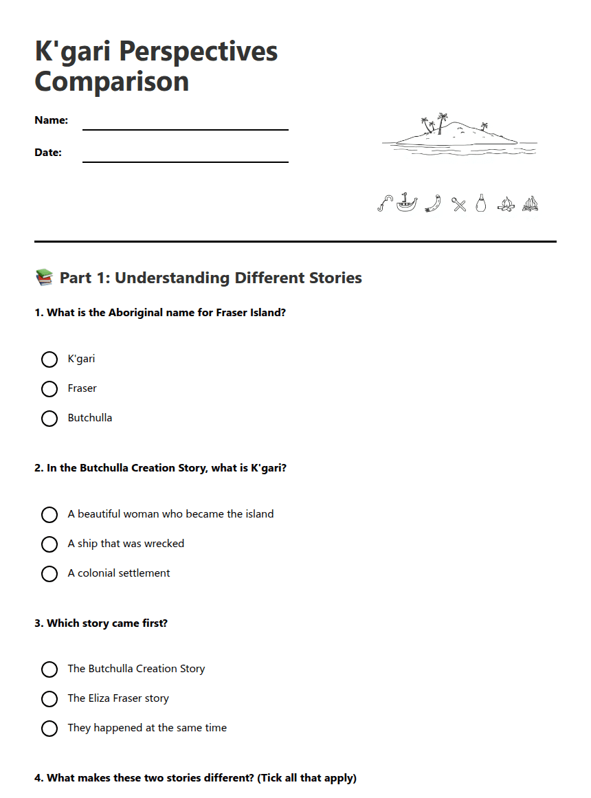 K'gari Perspectives Comparison worksheet preview