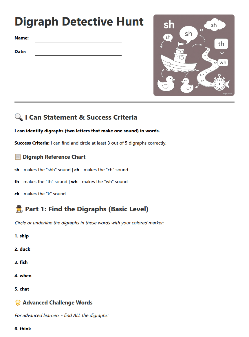Digraph Detective Hunt worksheet preview