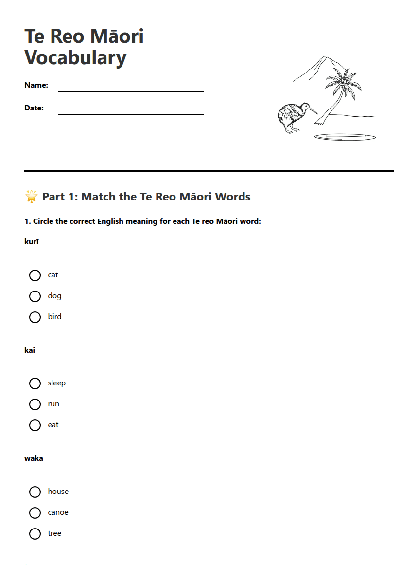 Te Reo Māori Vocabulary worksheet preview