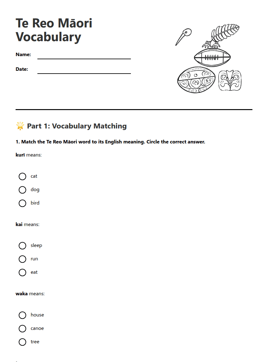 Te Reo Māori Vocabulary worksheet preview