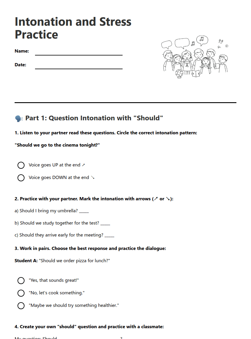 Intonation and Stress Practice worksheet preview
