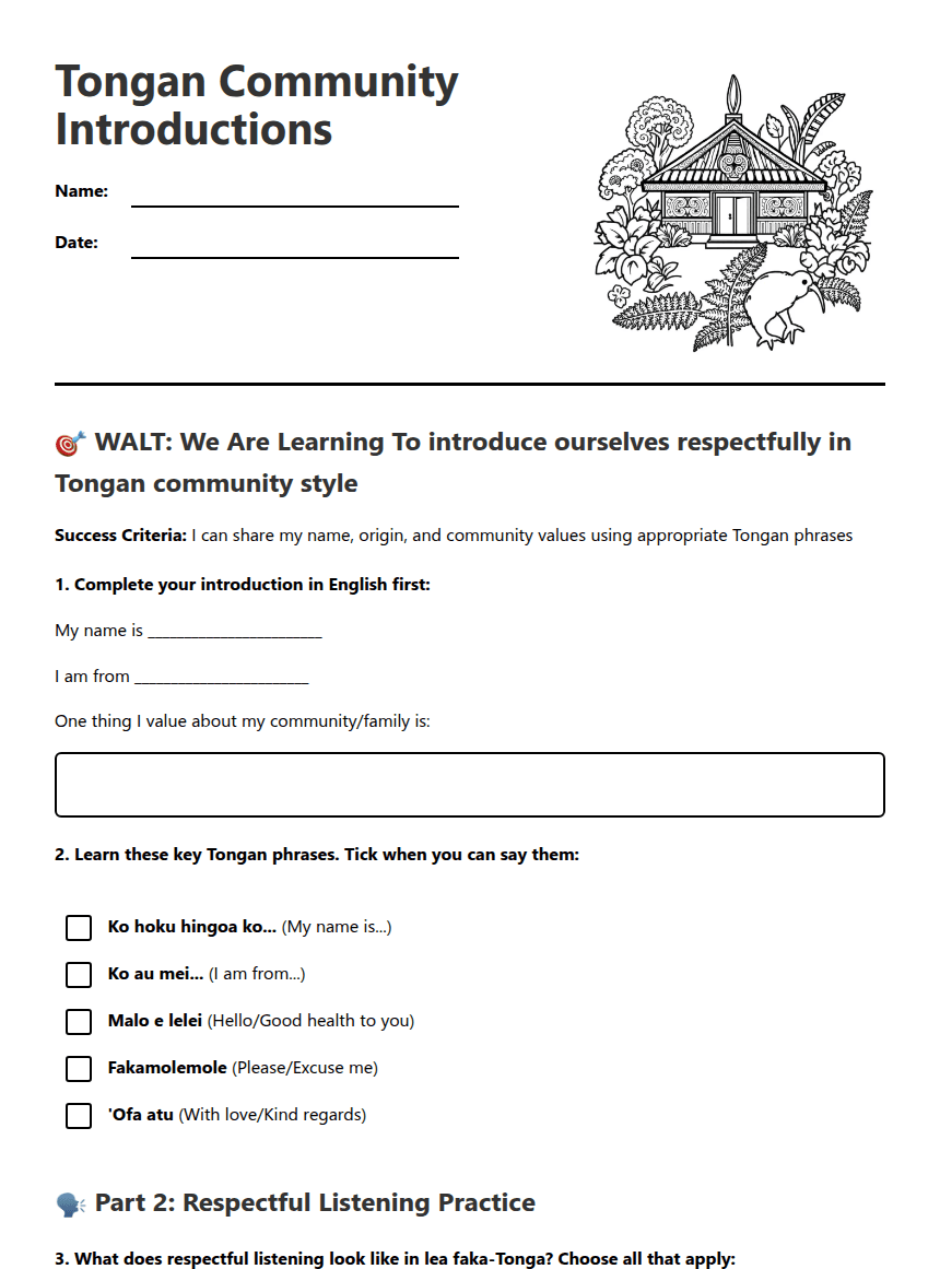 Tongan Community Introductions worksheet preview