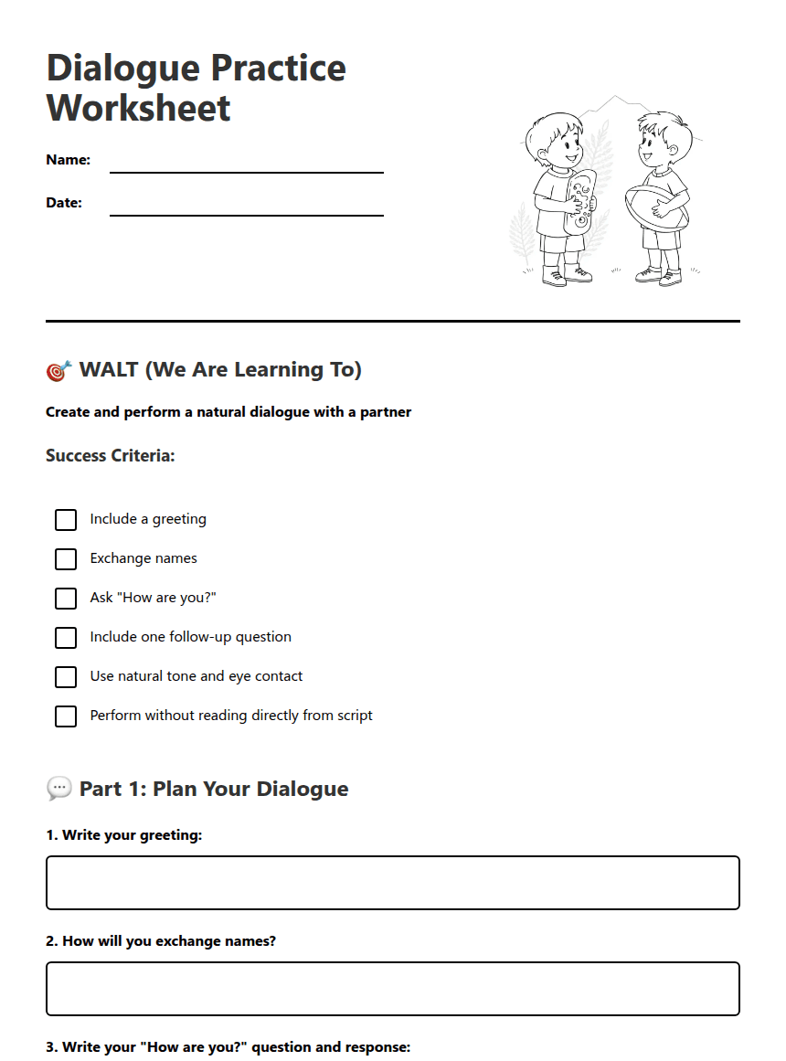 Dialogue Practice Worksheet worksheet preview