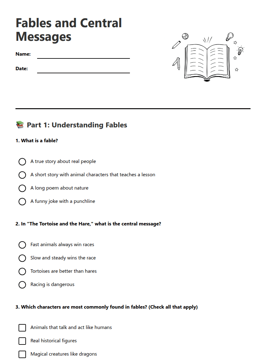 Fables and Central Messages worksheet preview