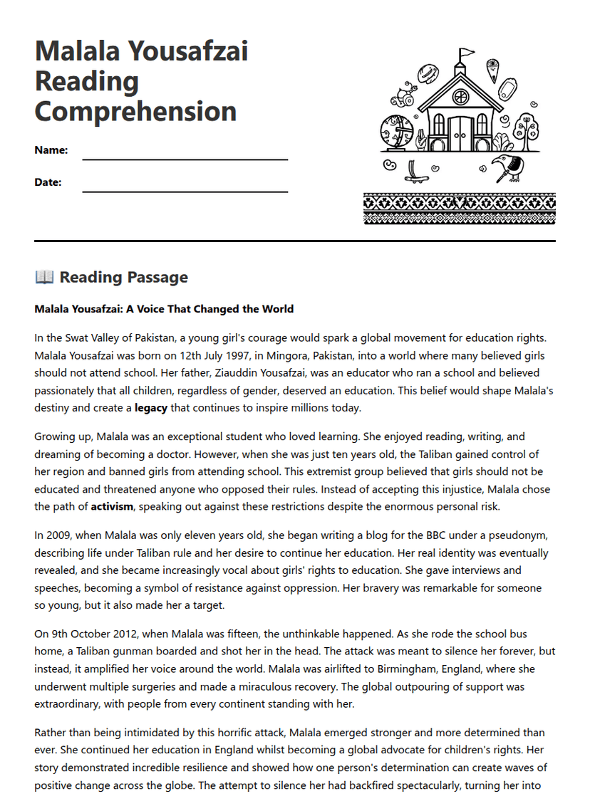 Malala Yousafzai Reading Comprehension