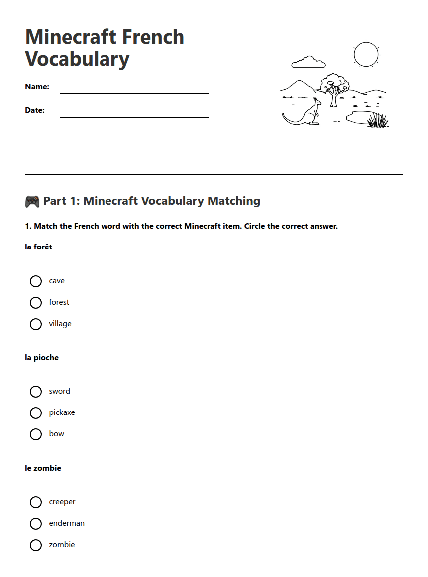 Minecraft French Vocabulary worksheet preview