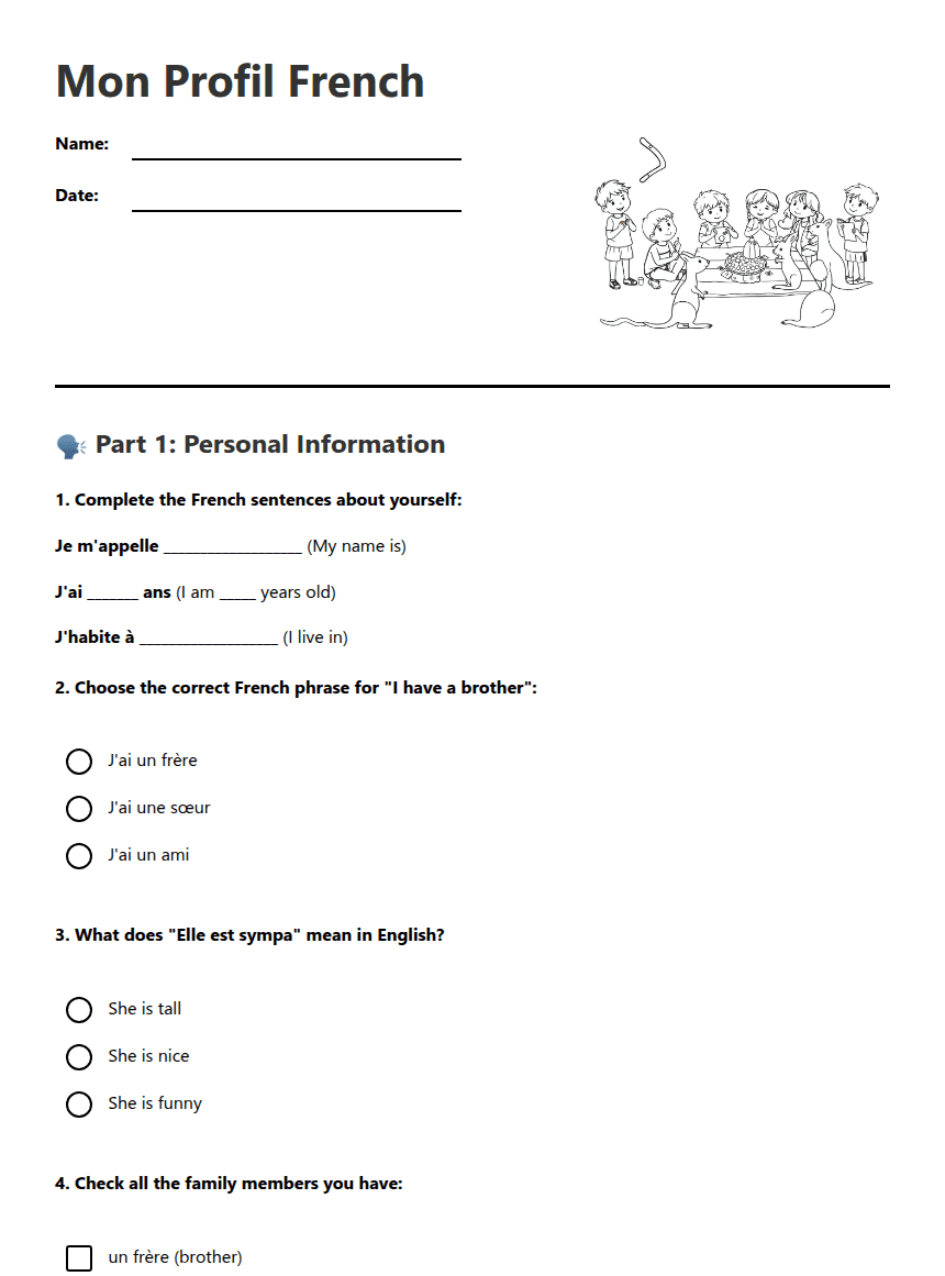 Mon Profil French worksheet preview