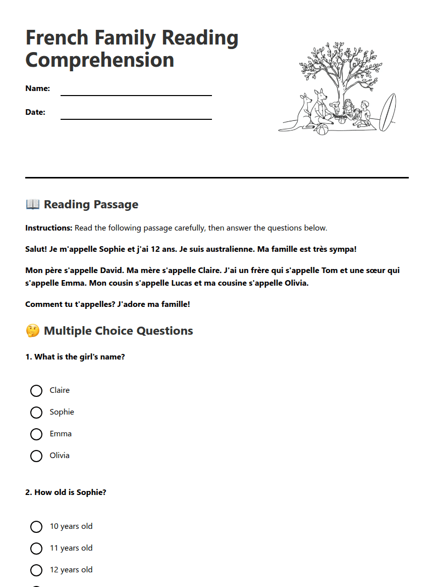 French Family Reading Comprehension worksheet preview