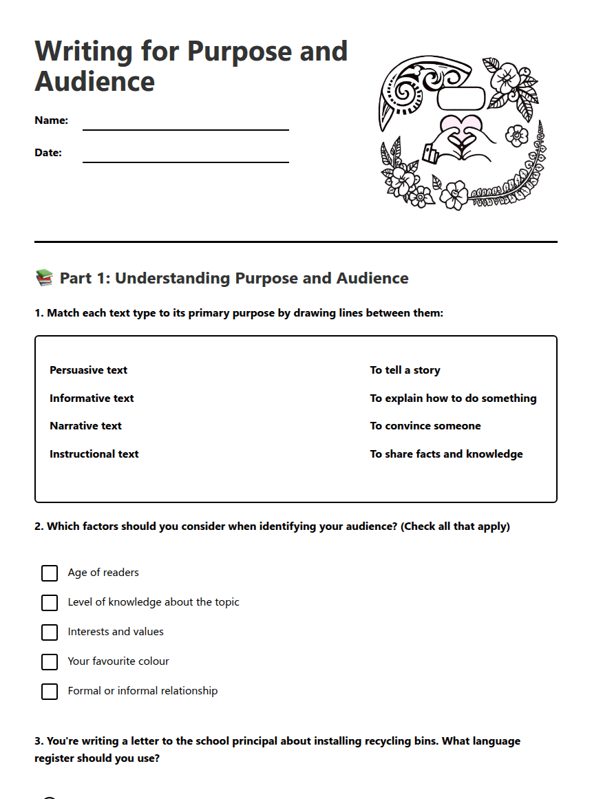 Writing for Purpose and Audience worksheet preview