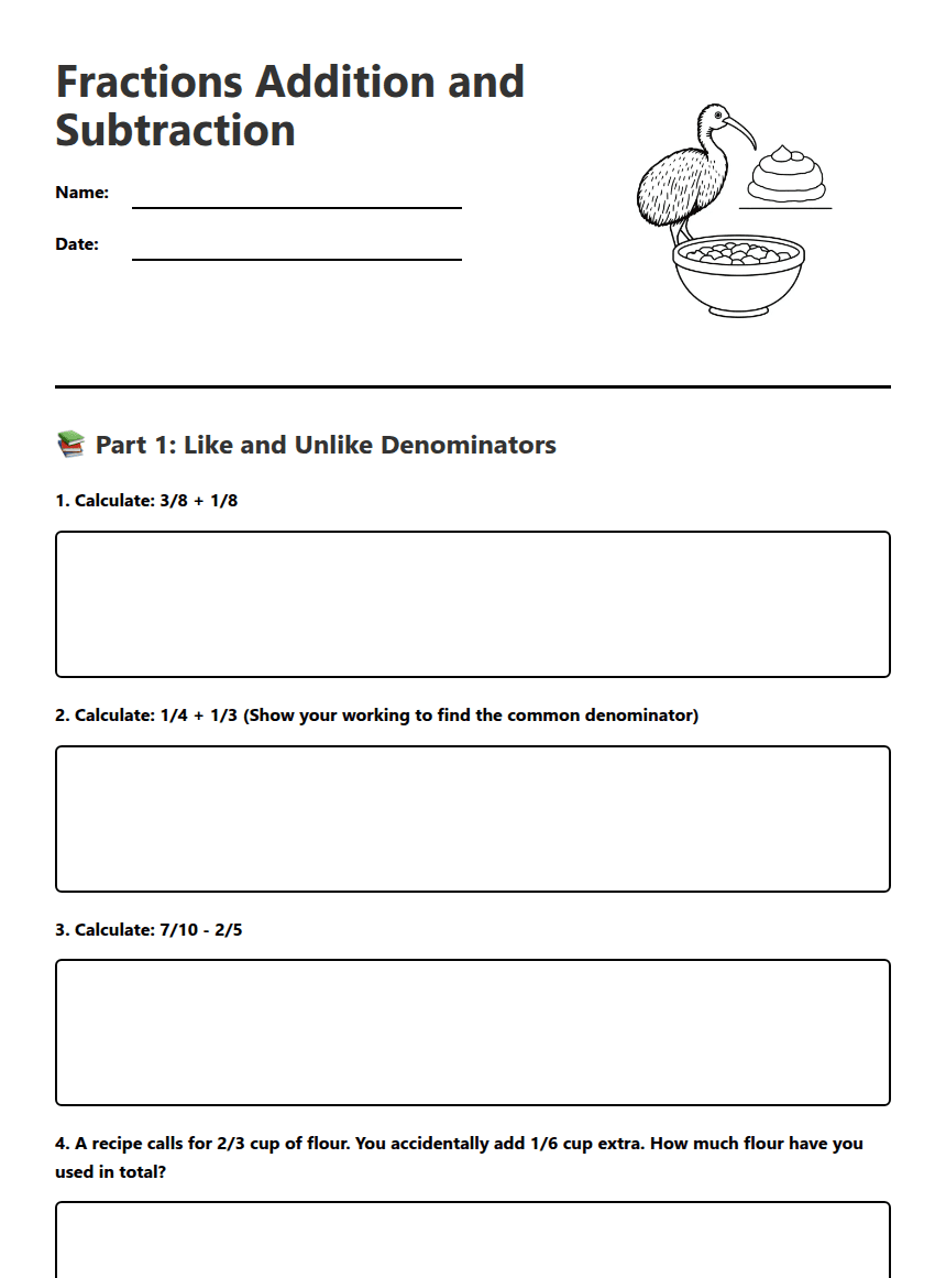 Fractions Addition and Subtraction worksheet preview