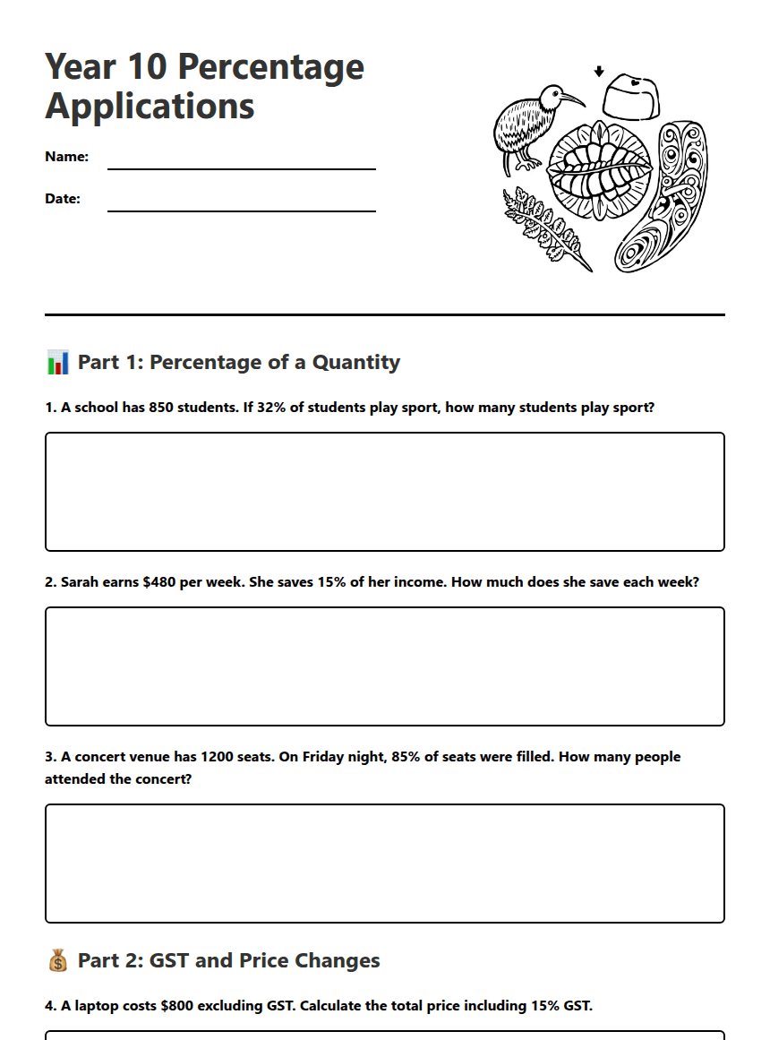 Year 10 Percentage Applications worksheet preview