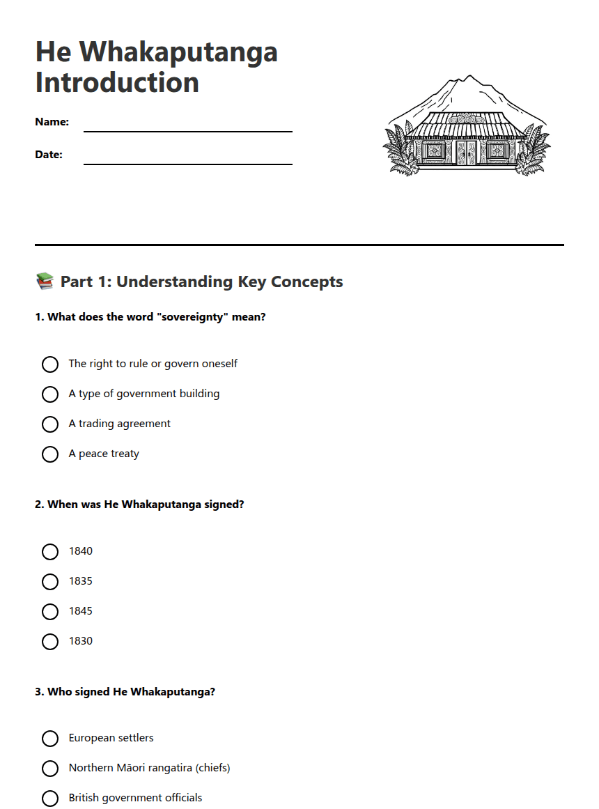 He Whakaputanga Introduction worksheet preview