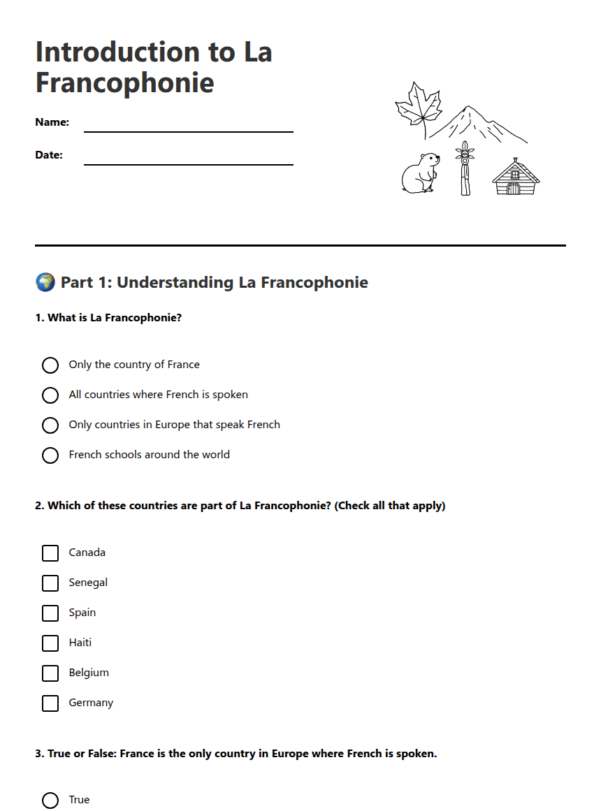 Introduction to La Francophonie worksheet preview