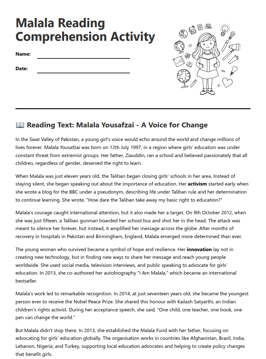 Malala Reading Comprehension Activity worksheet preview