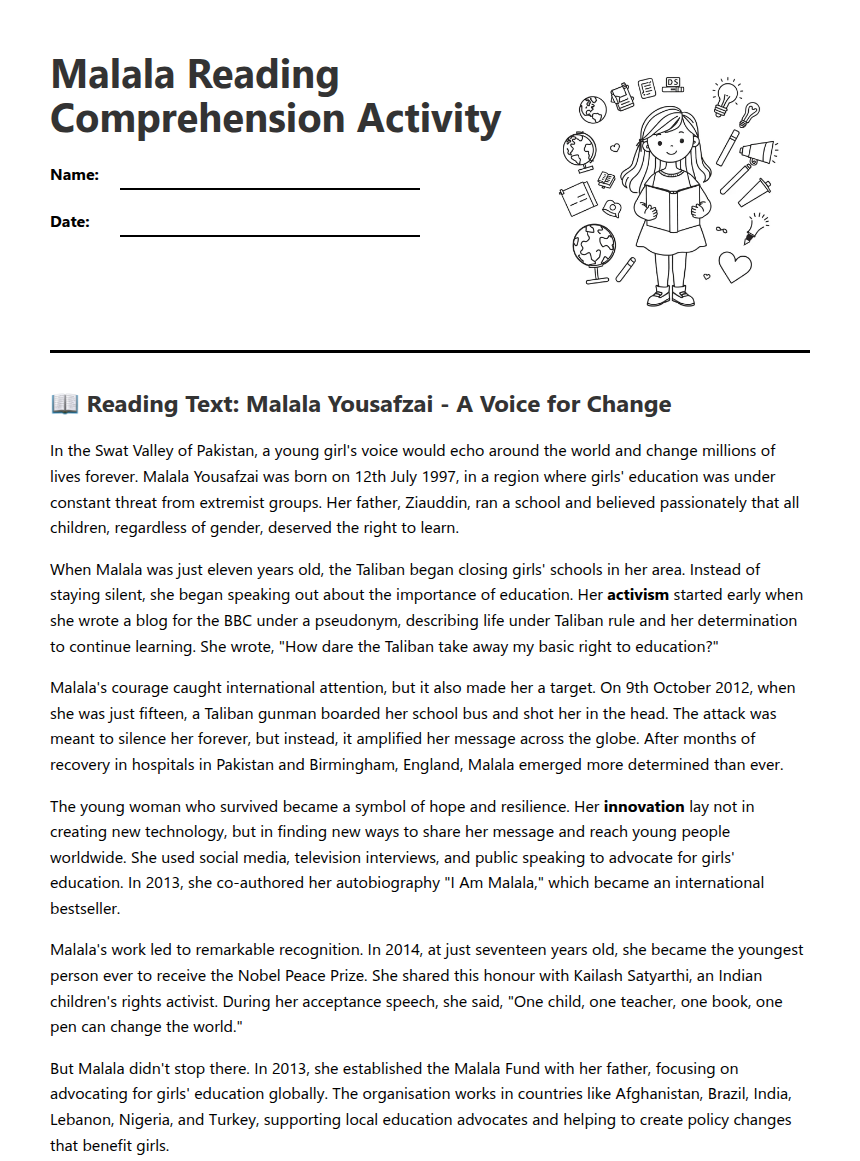 Malala Reading Comprehension Activity