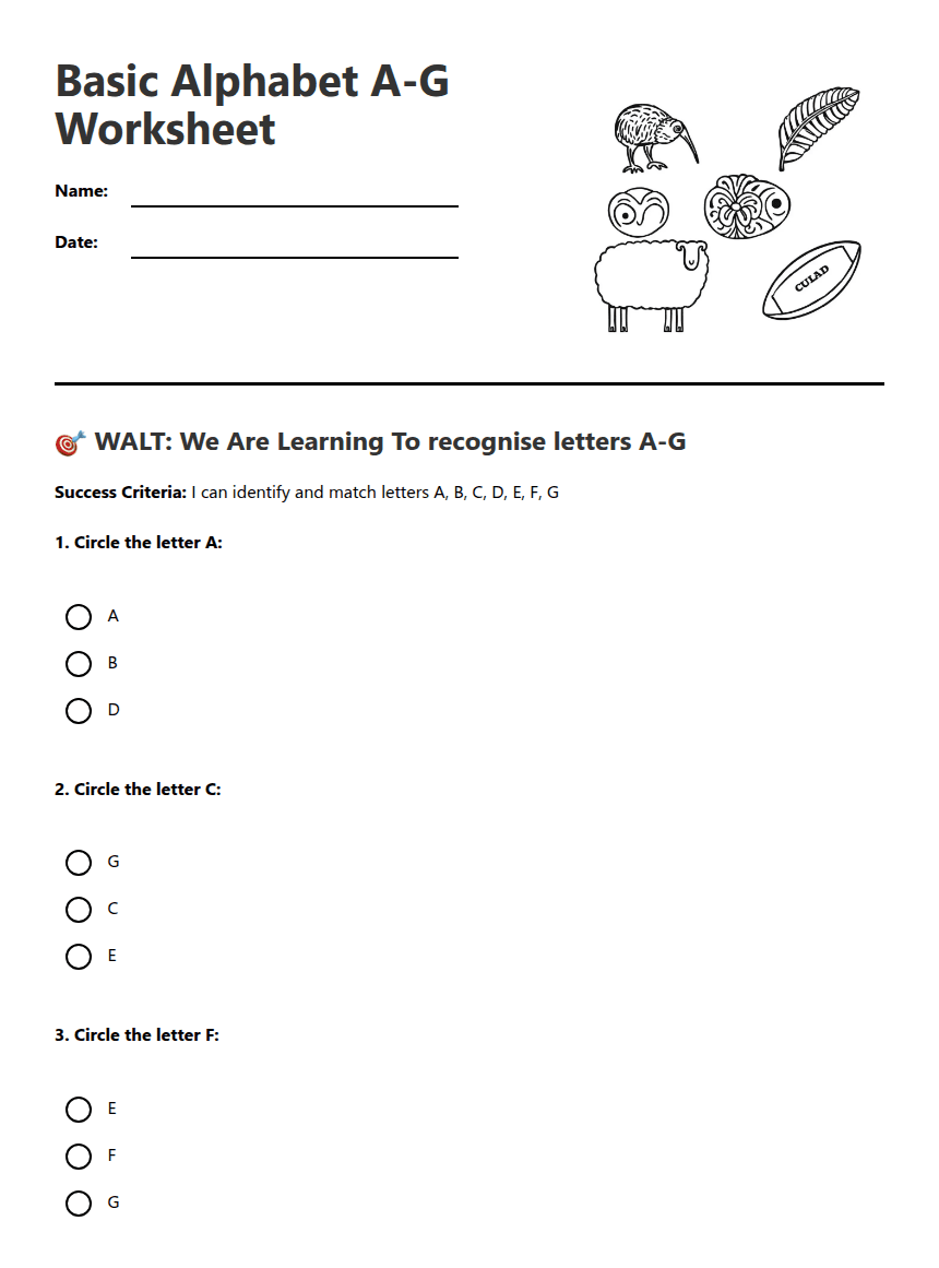 Basic Alphabet A-G Worksheet worksheet preview