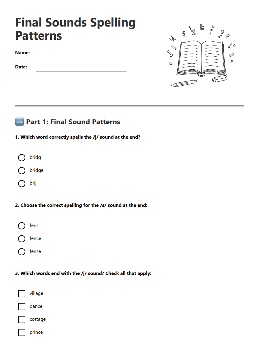Final Sounds Spelling Patterns worksheet preview