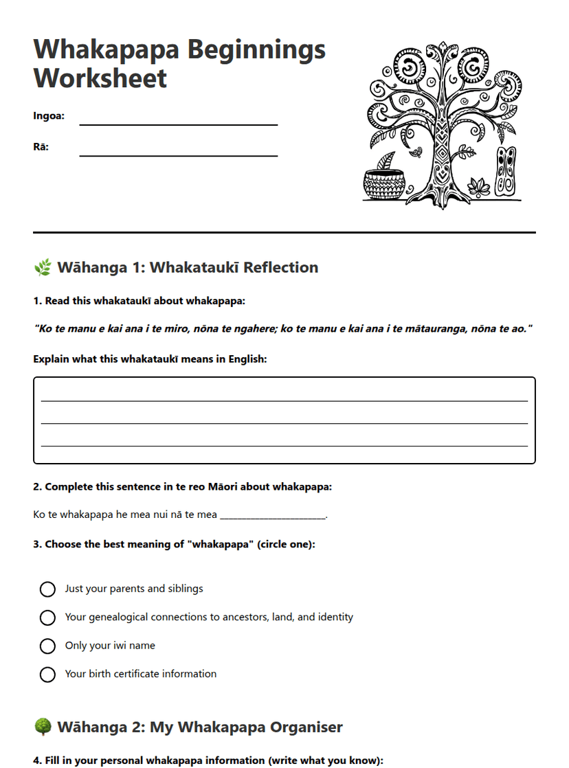 Whakapapa Beginnings Worksheet