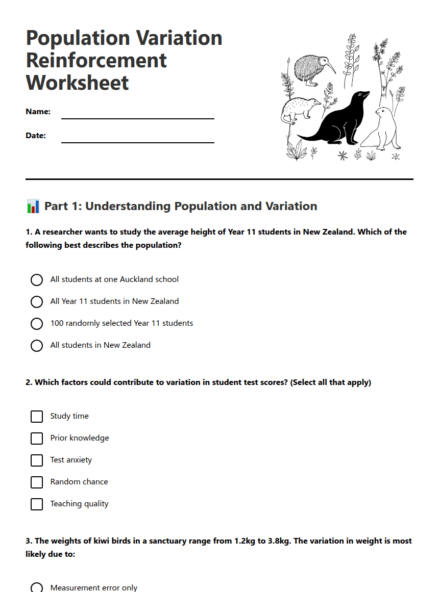 Population Variation Reinforcement Worksheet worksheet preview