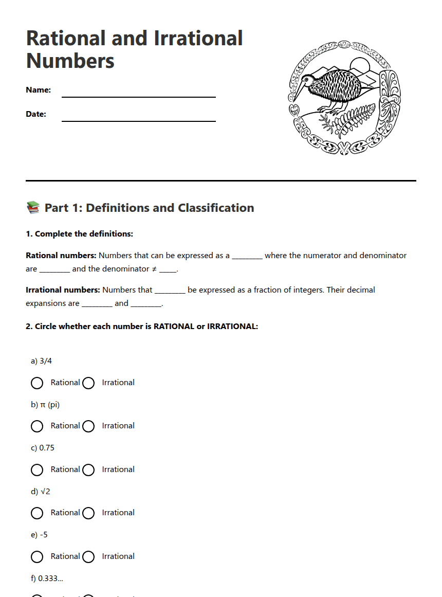 Rational and Irrational Numbers worksheet preview