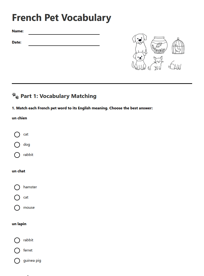 French Pet Vocabulary worksheet preview
