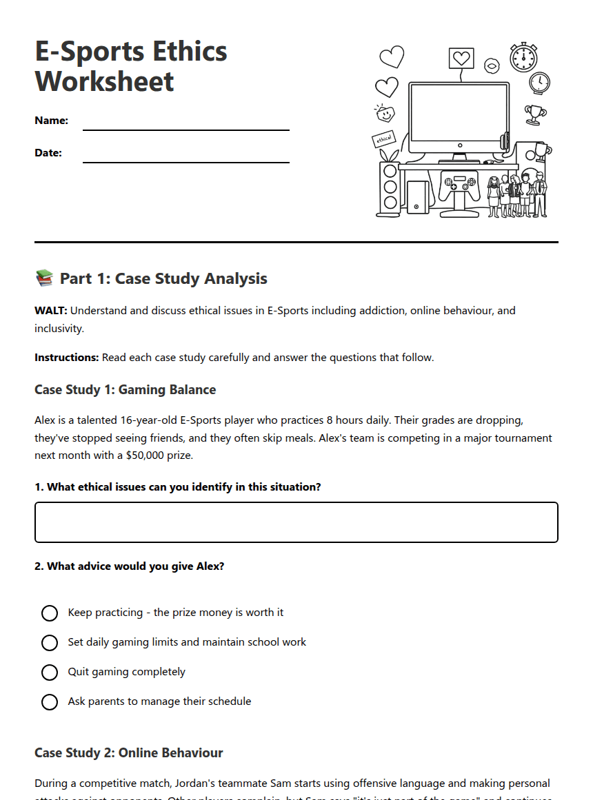 E-Sports Ethics Worksheet worksheet preview