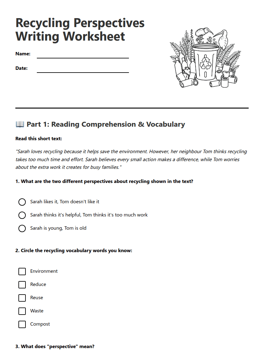 Recycling Perspectives Writing Worksheet worksheet preview