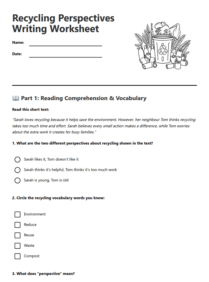 Recycling Perspectives Writing Worksheet