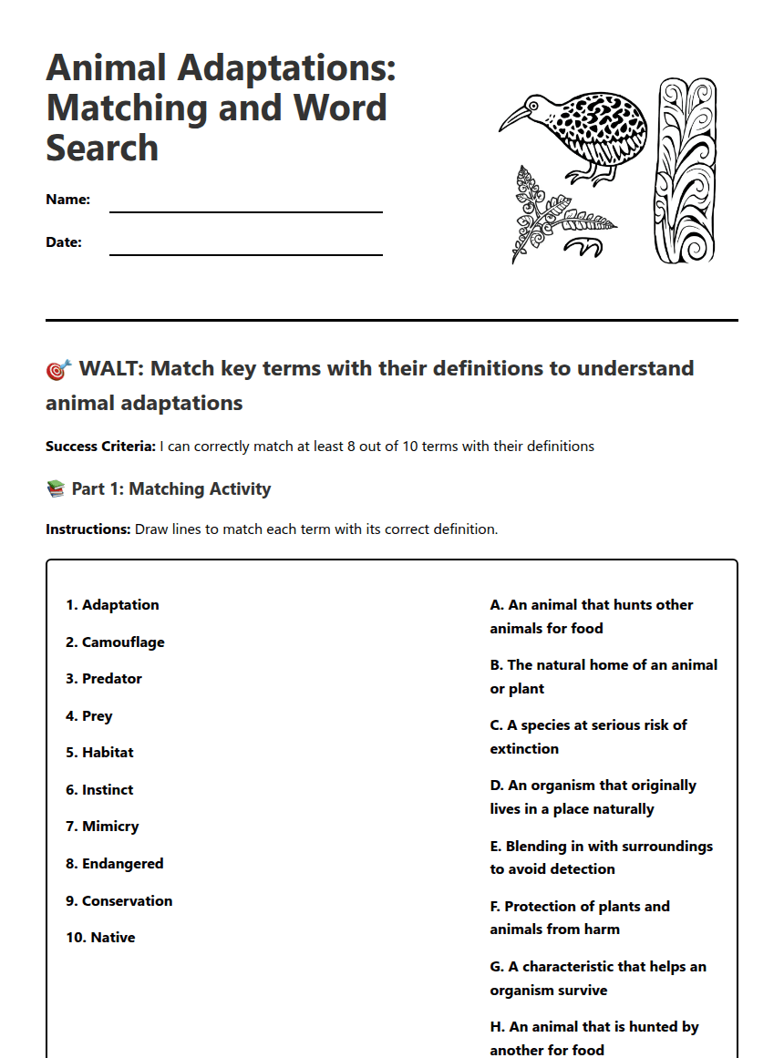 Matching and Word Search worksheet preview