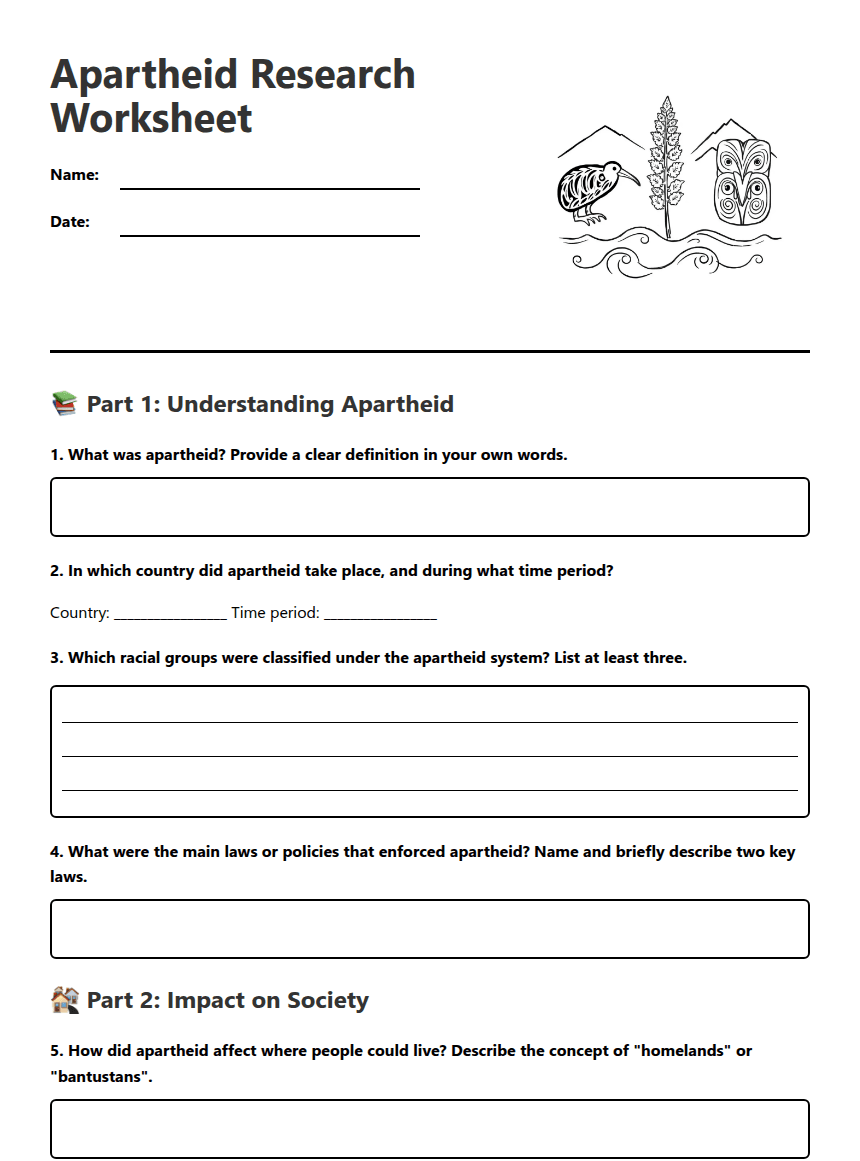 Apartheid Research Worksheet worksheet preview