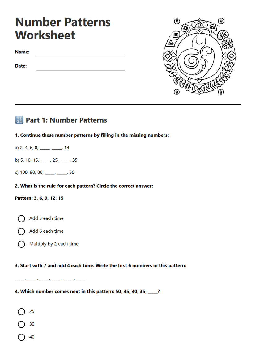 Number Patterns Worksheet