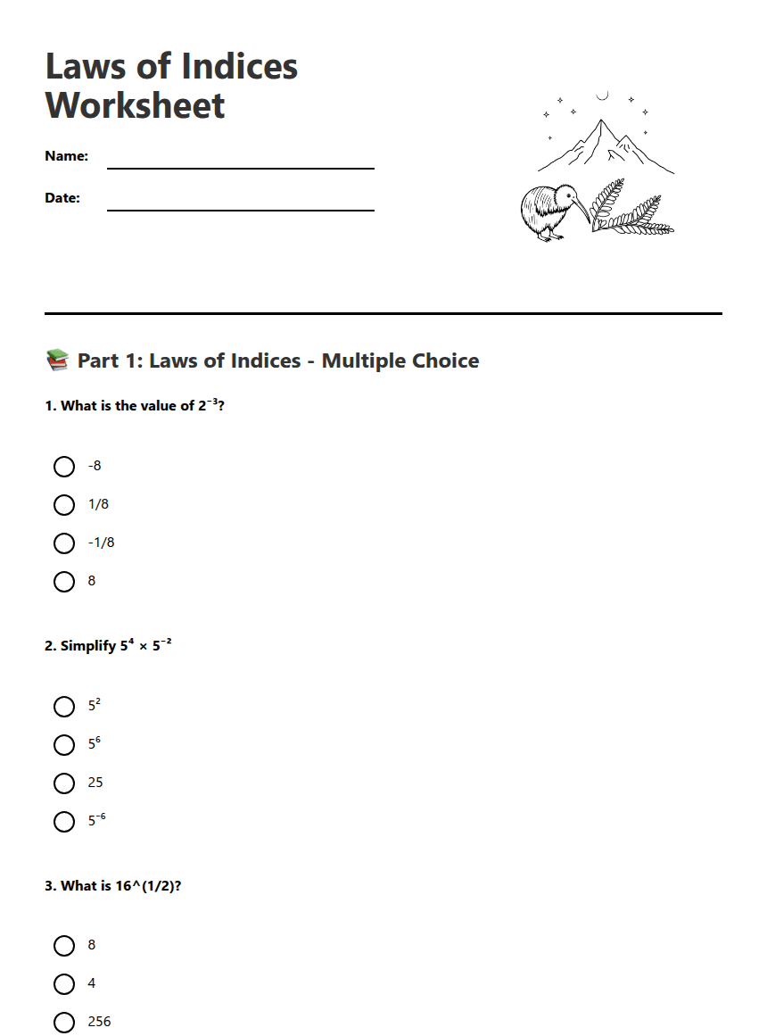 Laws of Indices Worksheet worksheet preview